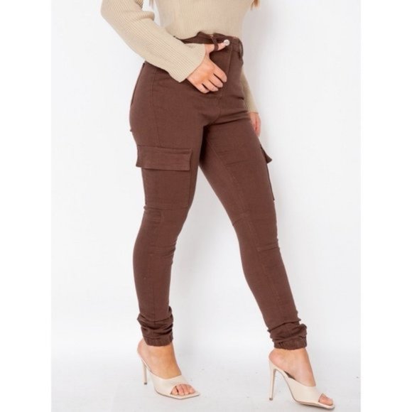 Denim - Brown High Waist Skinny Cargo Utility Denim Jeans Joggers Jogger Pants